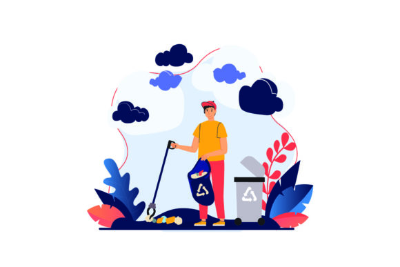 Download Flat Illustration Asset - Trash Bin Bag - Illustration Collection